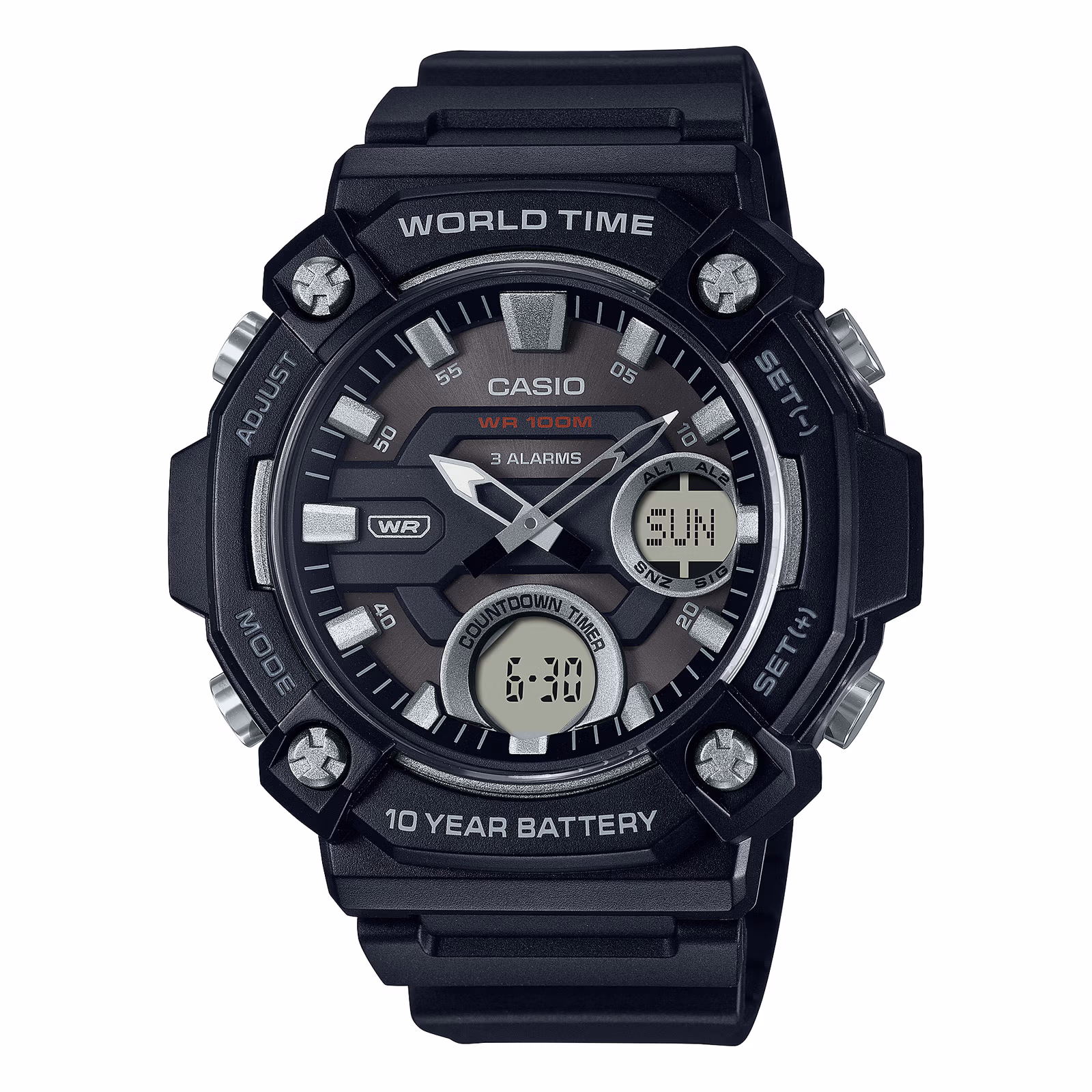 Casio AEQ-120W-1A: крупные аналогово-цифровые часы с батарейкой на 10 лет